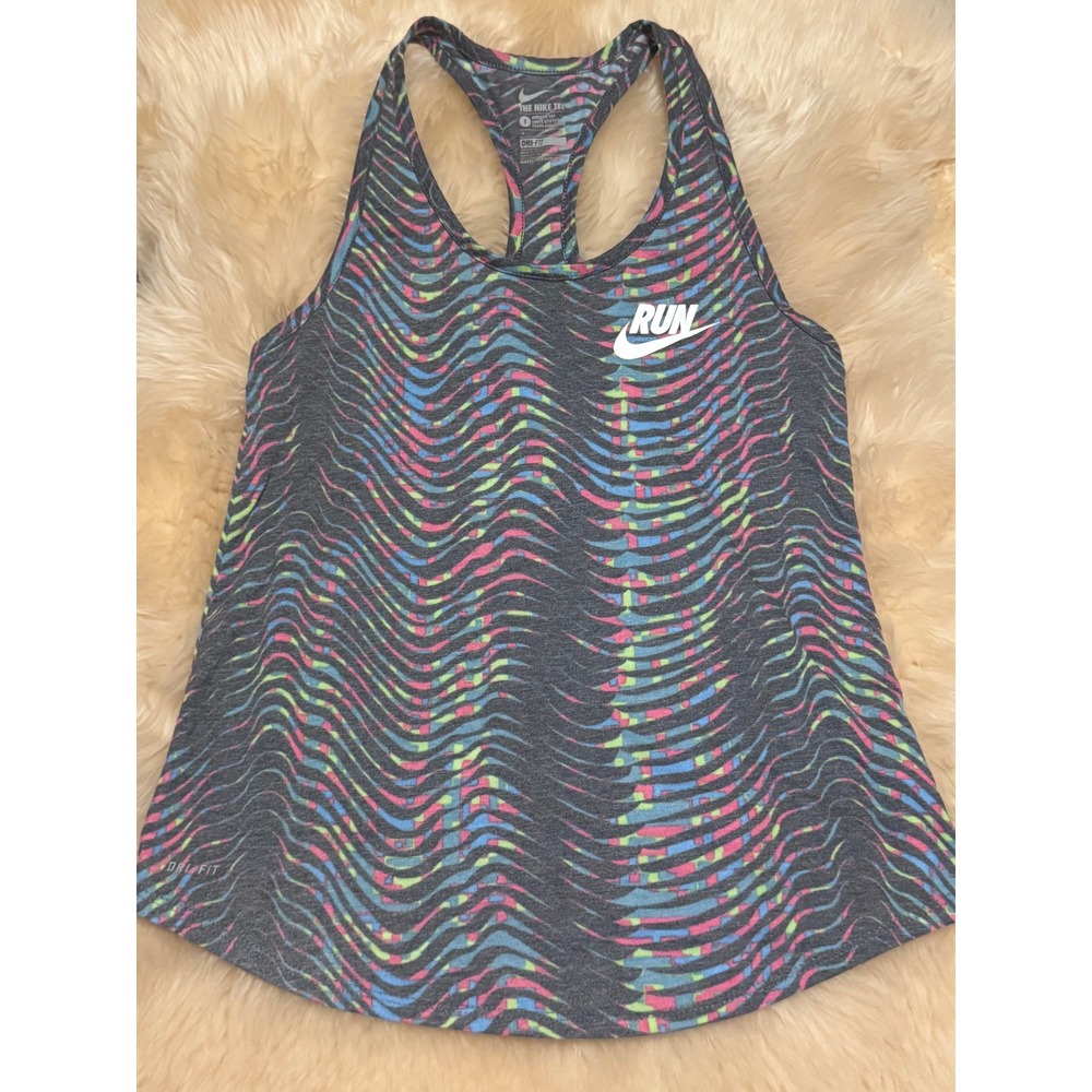 NIKE DRI-FIT RUN Tank Top Small Gray Neon Wavy Racerback Athletic Gym Workout